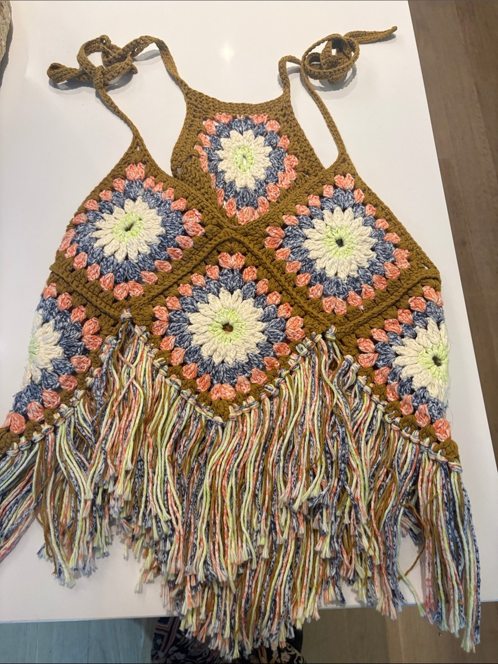 Free People Multicolor Crochet Fringe Halter Tank